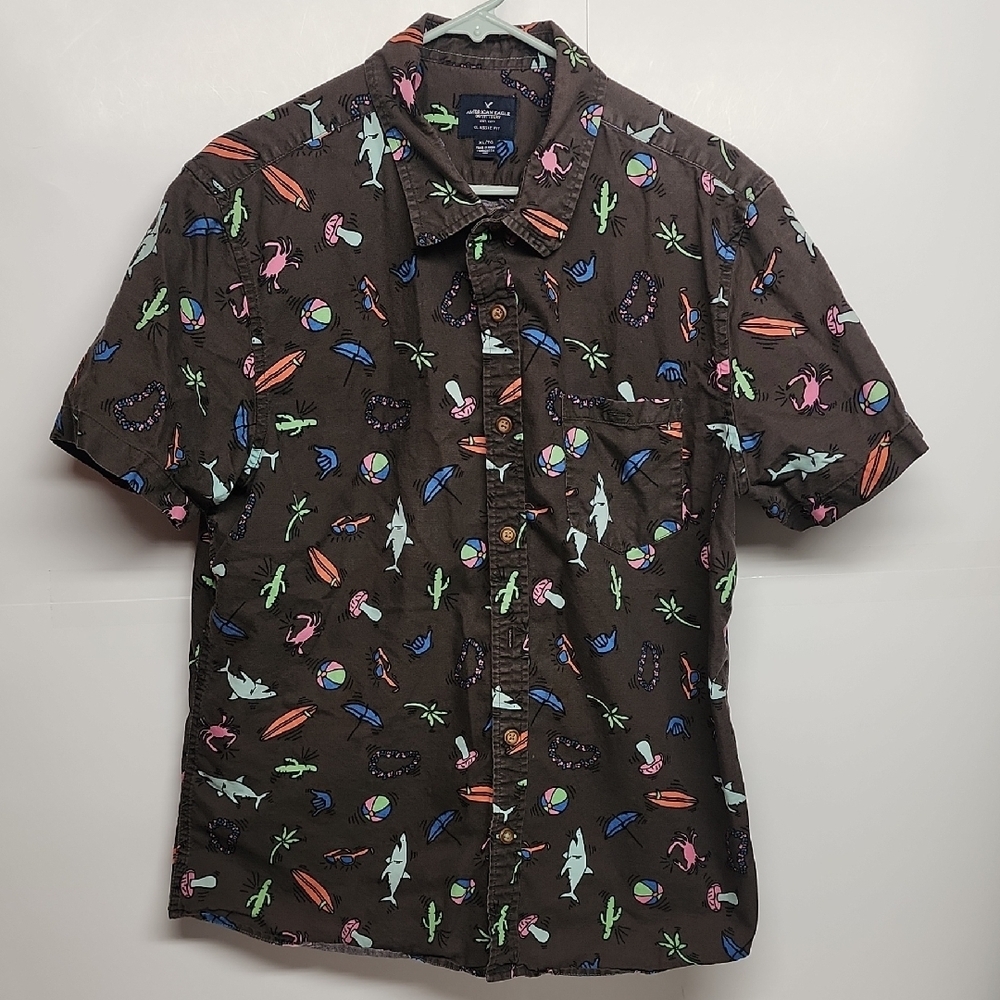 American Eagle mens brown fun patterned XL short sleeve button-down shirt